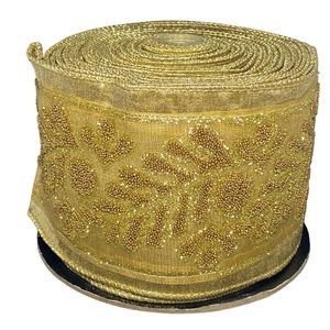 D. Steven’s gold beaded leaf embroidered wire‎ ribbon wide sheer holiday wreath
